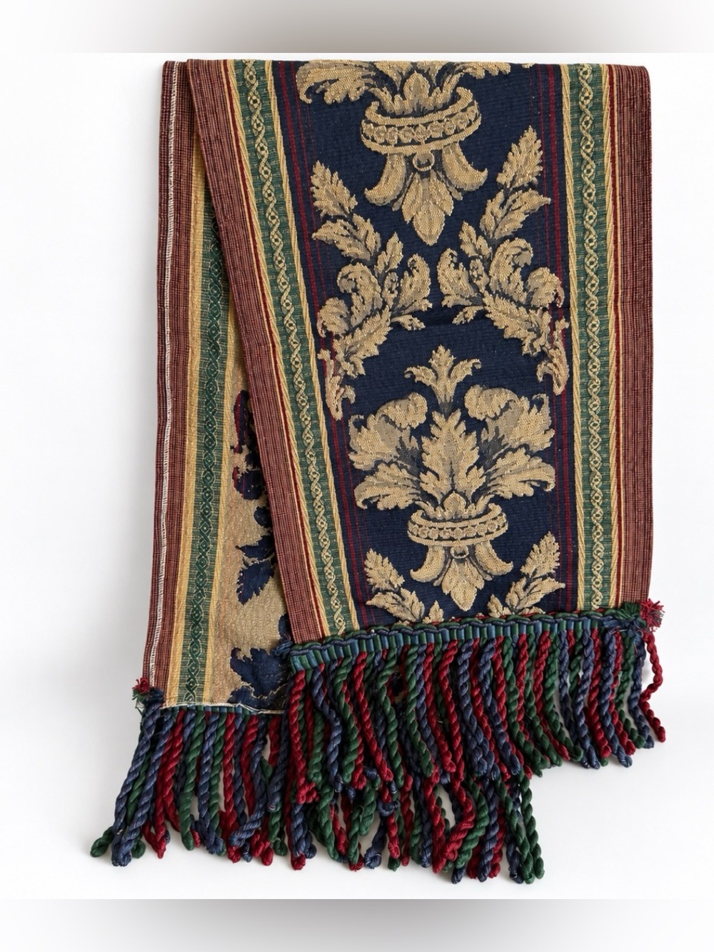 Vintage Tapestry Table Runner Damask Jacquard Fringe Navy Gold